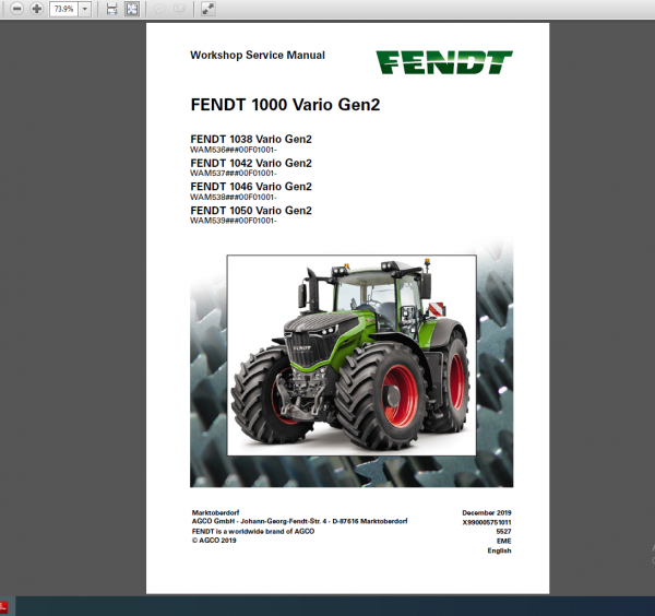 FENDT 1038 - 1042 - 1046 - 1050 Vario Gen2 Workshop Service Manual