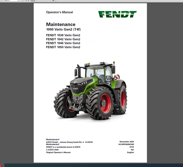 FENDT 1038 - 1042 - 1046 - 1050 Vario Gen2 Operators Manual