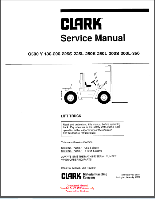 CLARK C500Y/180-200-225S-225L-250S-250L-300S-300L-350 SERVICE MANUAL