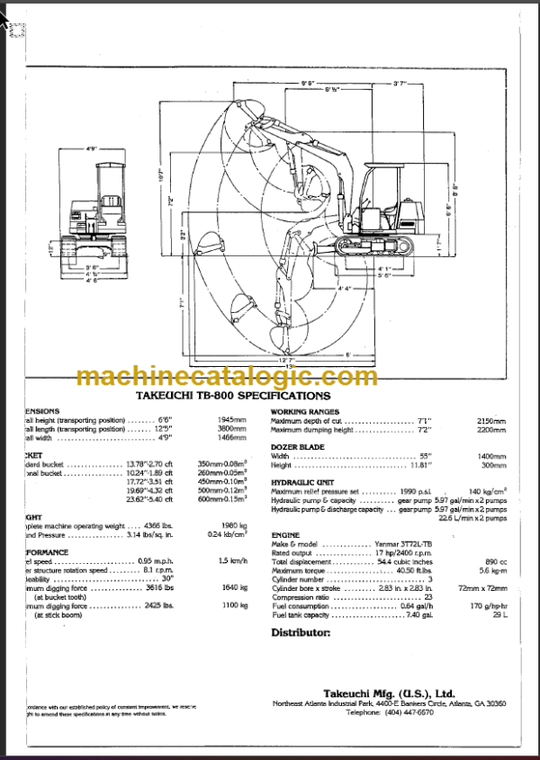 TAKEUCHI TB800 Compact Excavator Parts Manual