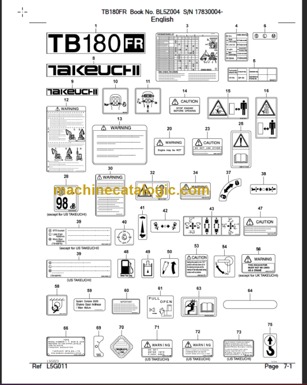 TAKEUCHI TB180FR Compact Excavator Parts Manual