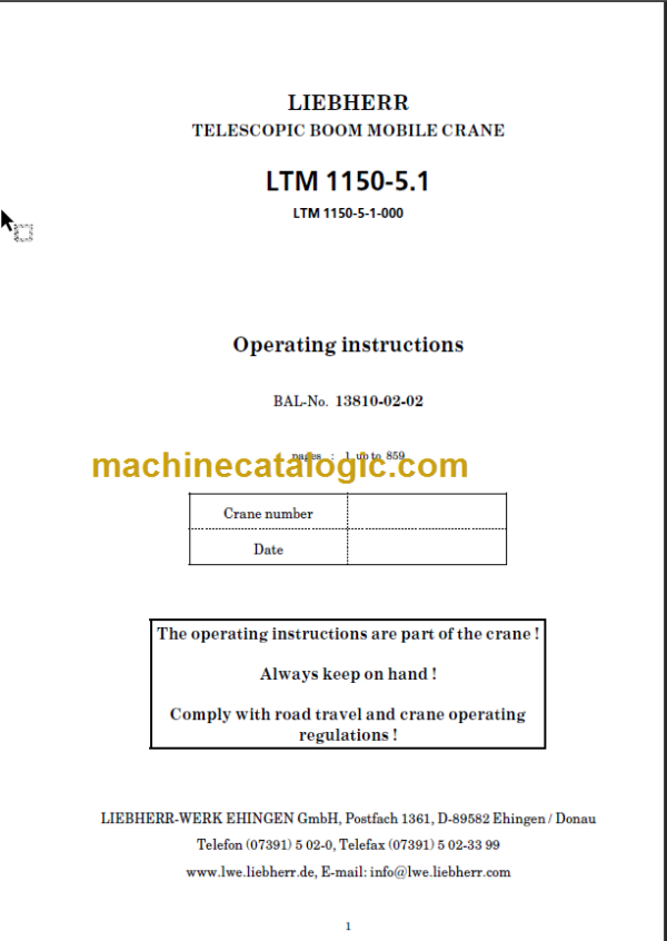 LIEBHERR LTM1150 5.1 OPERATING INSTRUCTIONS