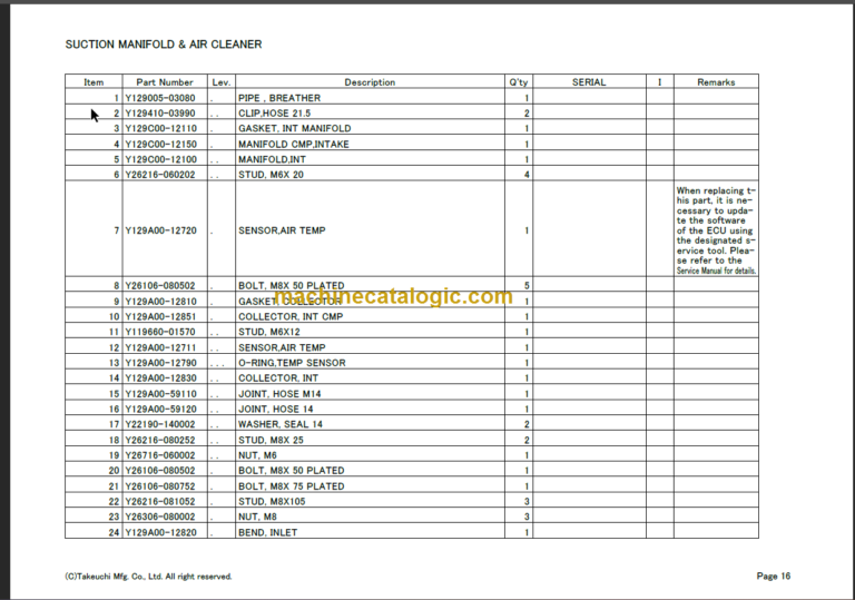 TAKEUCHI TB240 Mini Excavator Parts Manual Engine