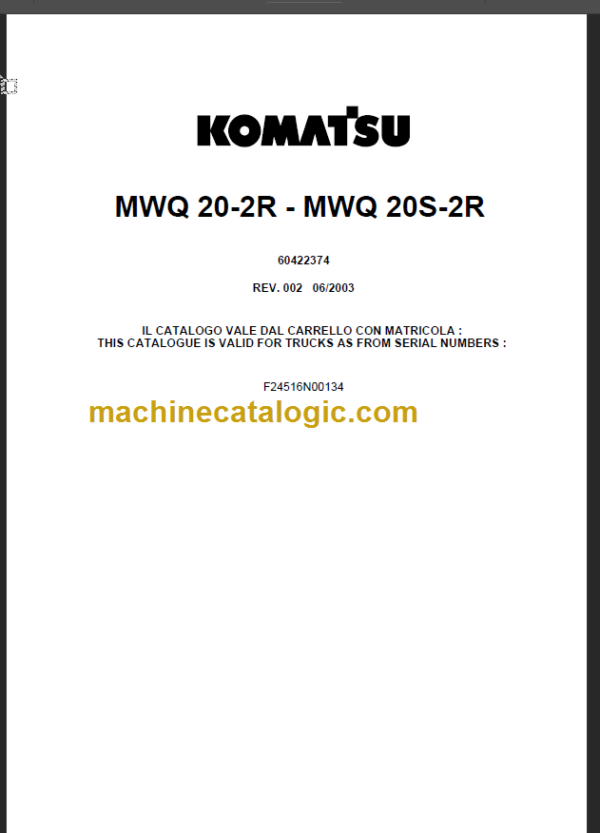 KOMATSU MWQ20-2R MWQ20S-2R PARTS CATALOGUE