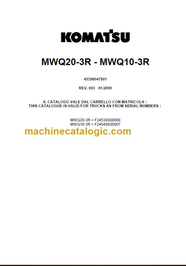 KOMATSU MWQ20-3R MWQ10-3R PARTS CATALOGUE