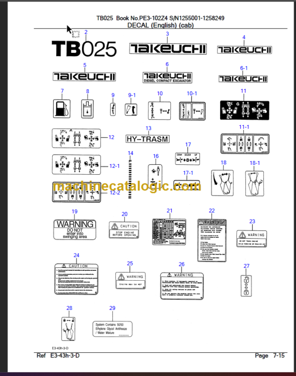 TAKEUCHI TB025 Compact Excavator Parts Manual