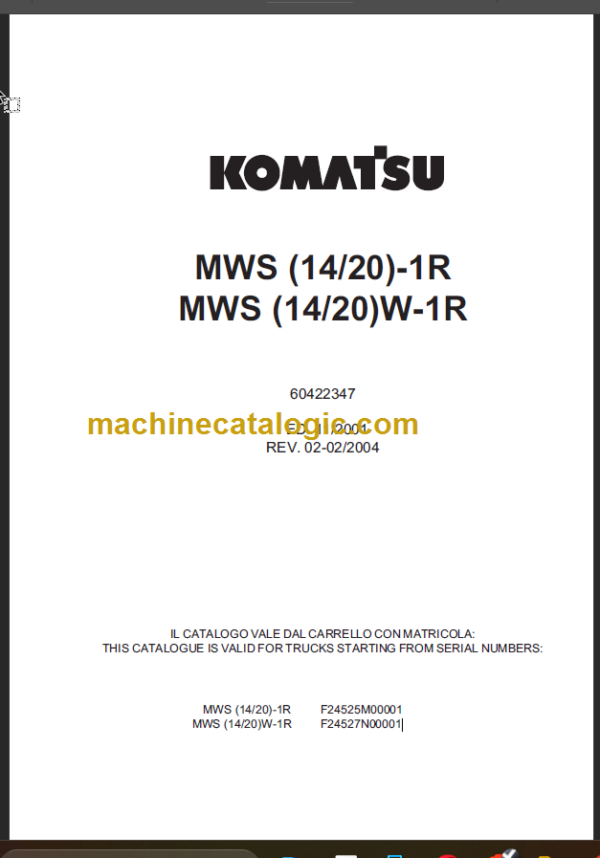 KOMATSU MWS14(W)-1R MWS20(W)-1R PARTS CATALOGUE