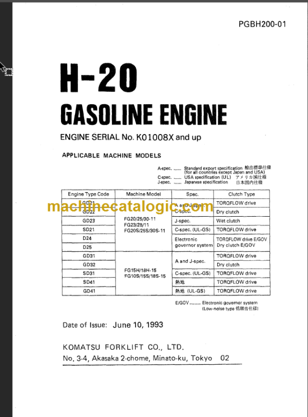 KOMATSU H-20 FG20 25 30 GASOLINE ENGINE