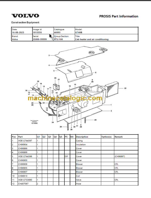 Volvo G740B Motor Grader Parts Manual