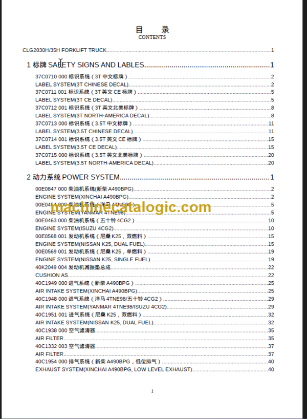 CLG2030H 35H PARTS MANUAL