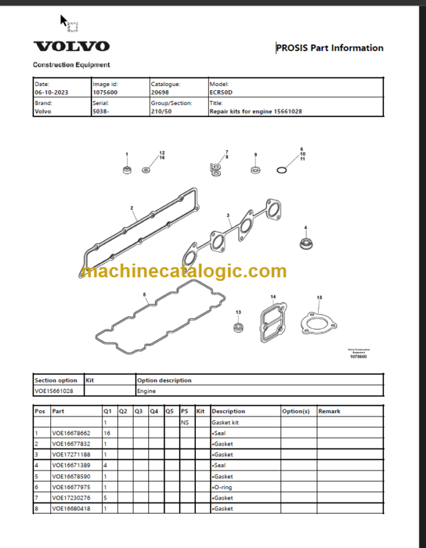 Volvo ECR50D Compact Excavator Parts Manual