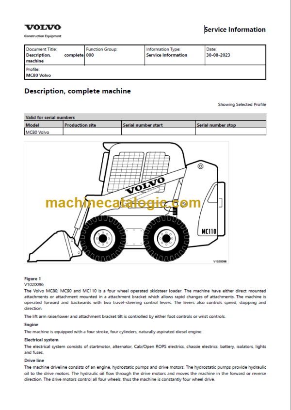 VOLVO MC80 SKID STEER SERVICE REPAIR MANUAL