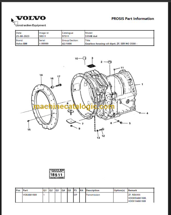 Volvo 5350B 4x4 BM Articulated Hauler Parts Manual