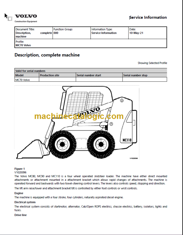 VOLVO MC70 SKID STEER LOSER SREVICE REPAIR MANUAL