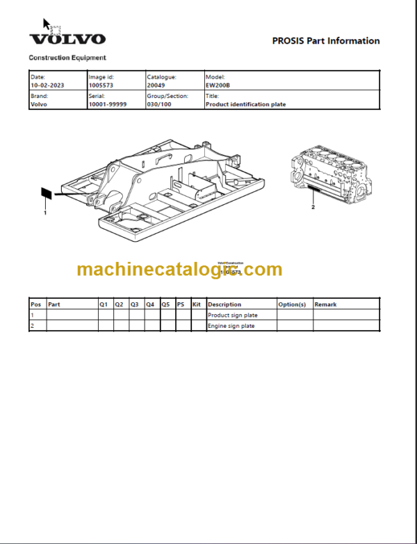 Volvo EW200B Excavator Parts Catalog Manual