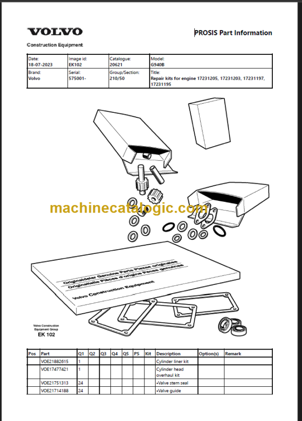 Volvo G940B Motor Grader Parts Manual