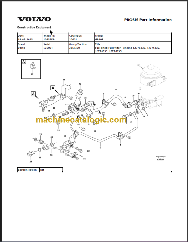 Volvo G940B Motor Grader Parts Manual