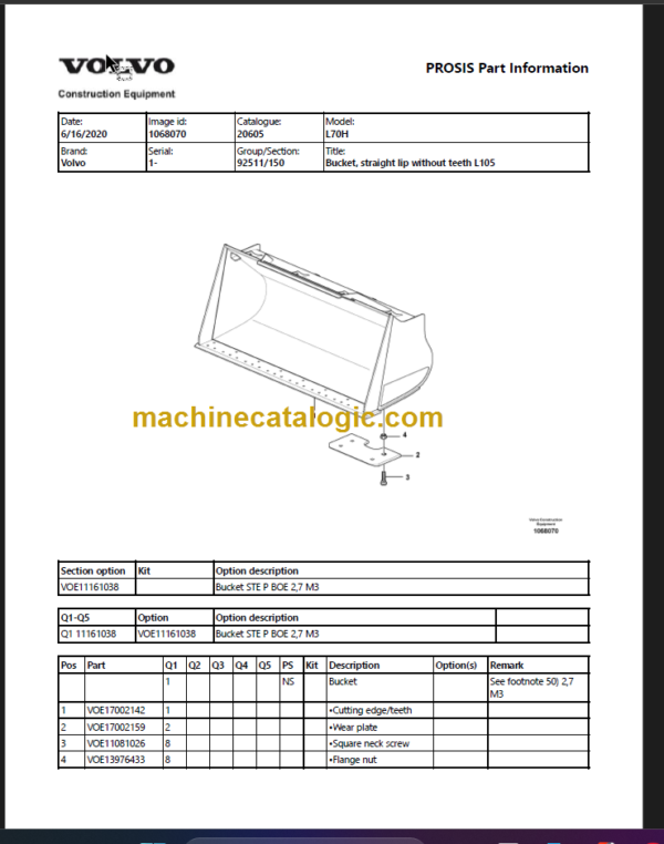 VOLVO L70H WHEEL LOADER PARTS CATALOG MANUAL