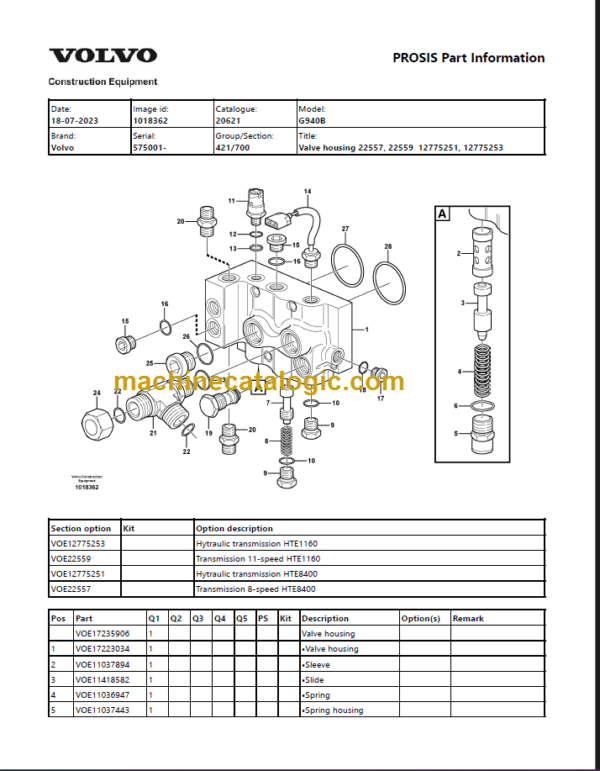 Volvo G940B Motor Grader Parts Manual