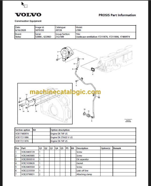 VOLVO L70H WHEEL LOADER PARTS CATALOG MANUAL