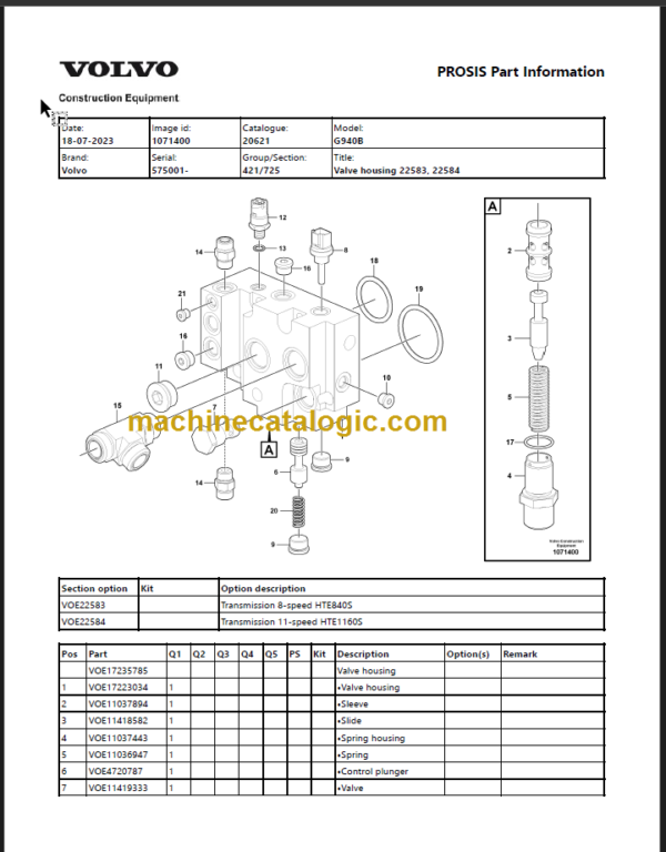 Volvo G940B Motor Grader Parts Manual