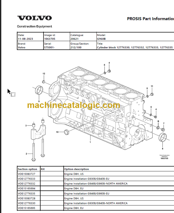 Volvo G960B Motor Grader Parts Manual