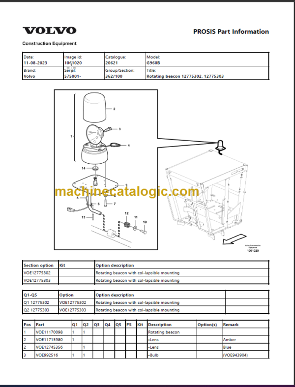 Volvo G960B Motor Grader Parts Manual