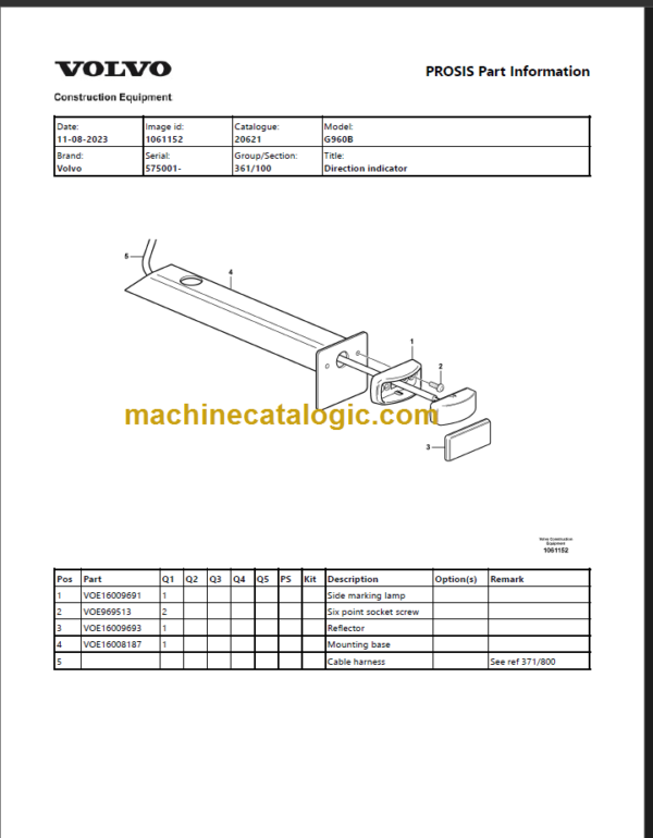 Volvo G960B Motor Grader Parts Manual