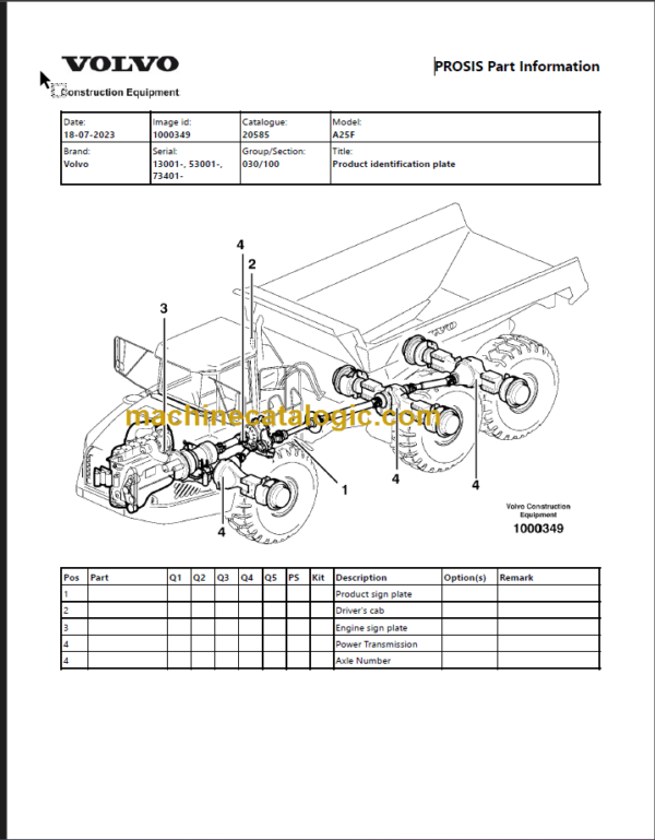 Volvo A25F Articulated Dump Truck Parts Catalog Manual