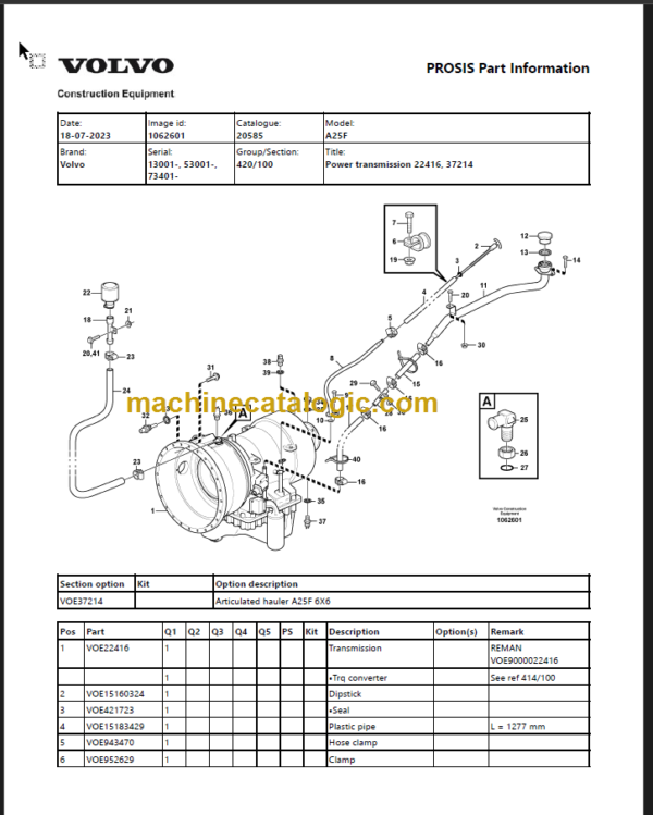 Volvo A25F Articulated Dump Truck Parts Catalog Manual