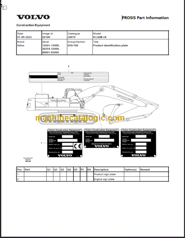 VOLVO EC240B LR EXCAVATOR PARTS MANUAL