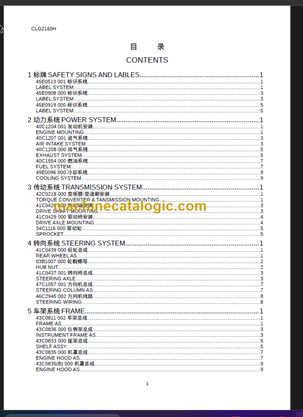 CLG 2160H PARTS CATALOG