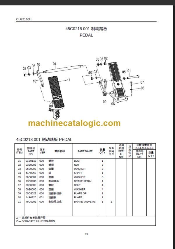 CLG 2160H PARTS CATALOG