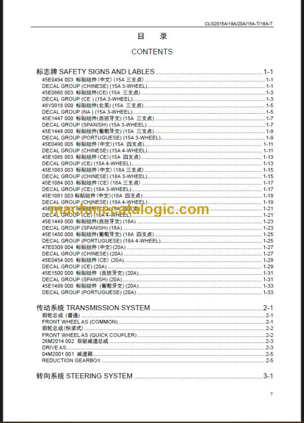 CLG2015A 18A 20A 15A-T 18A-T PARTS MANUAL