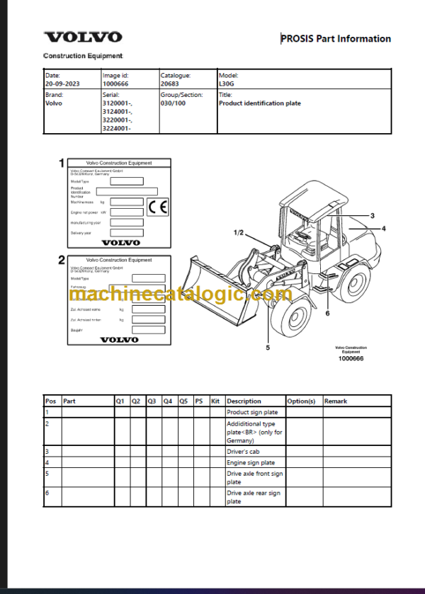 Volvo L30G Compact Wheel Loader Parts Manual