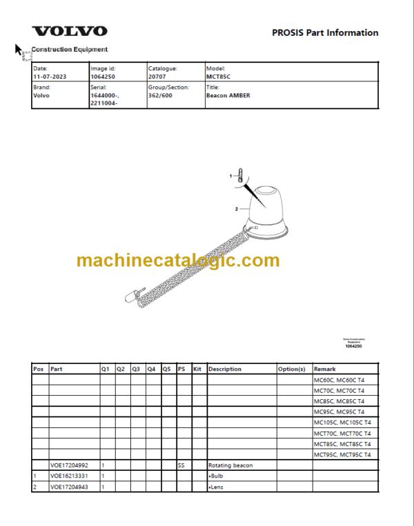 Volvo MCT85C Skid Steer Loader Parts Catalog Manual