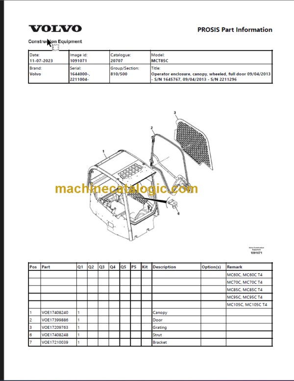 Volvo MCT85C Skid Steer Loader Parts Catalog Manual