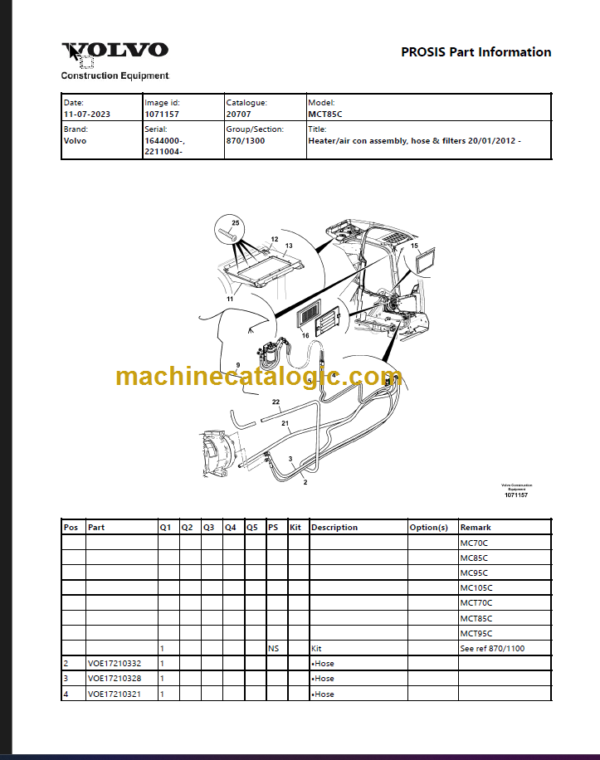 Volvo MCT85C Skid Steer Loader Parts Catalog Manual