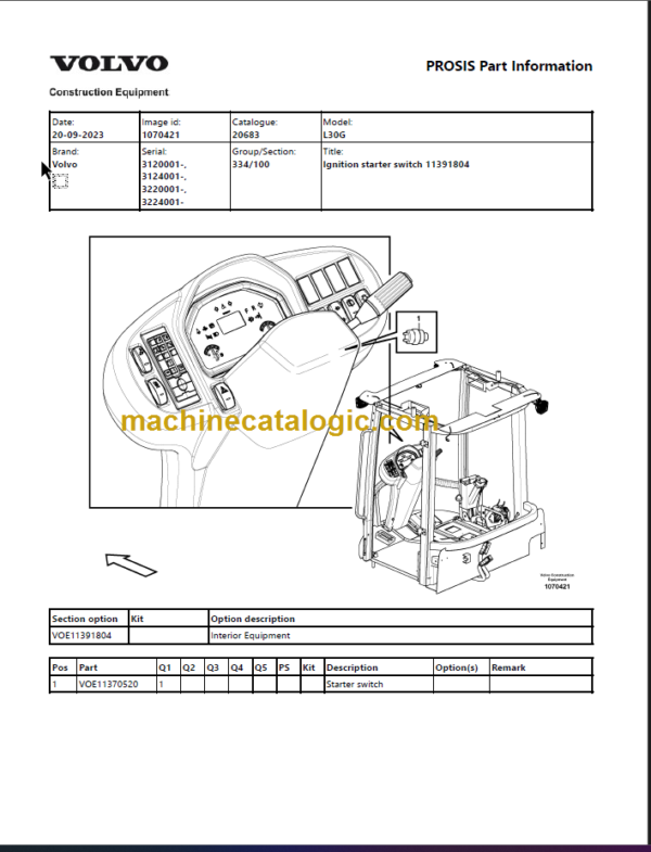 Volvo L30G Compact Wheel Loader Parts Manual