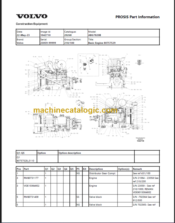 Volvo ABG7820B Tracked Paver Parts Catalog Manual