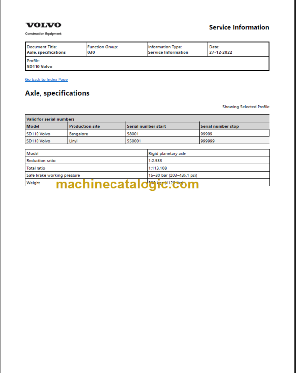 VOLVO SD110 SOIL COMPACTOR SERVICE REPAIR MANUAL