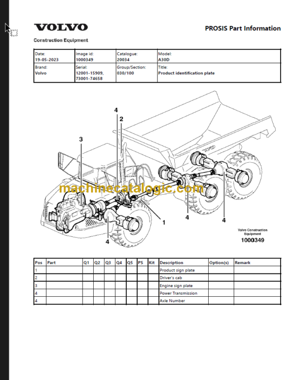 Volvo A30D Articulated Hauler Parts Catalog Manual