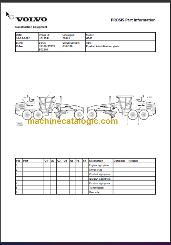 VOLVO G940 MOTOR GRADER PARTS MANUAL