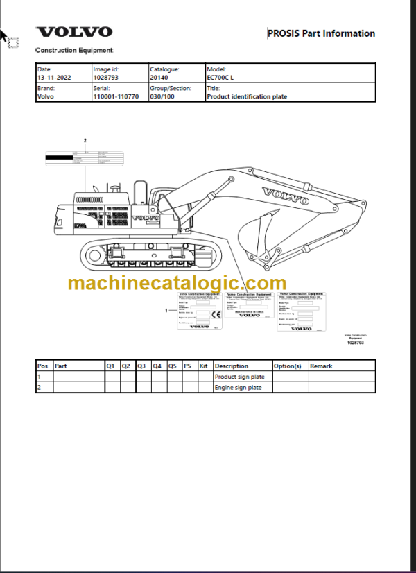 VOLVO EC700CL EXCAVATOR PARTS MANUAL