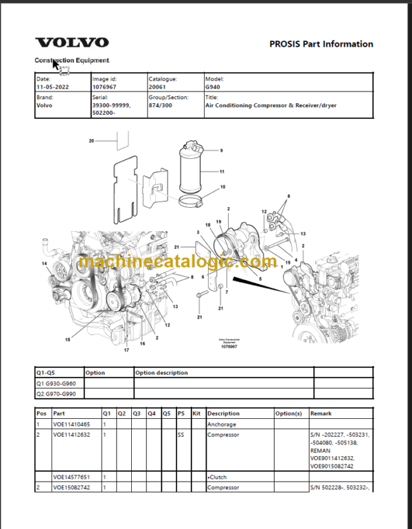 VOLVO G940 MOTOR GRADER PARTS MANUAL