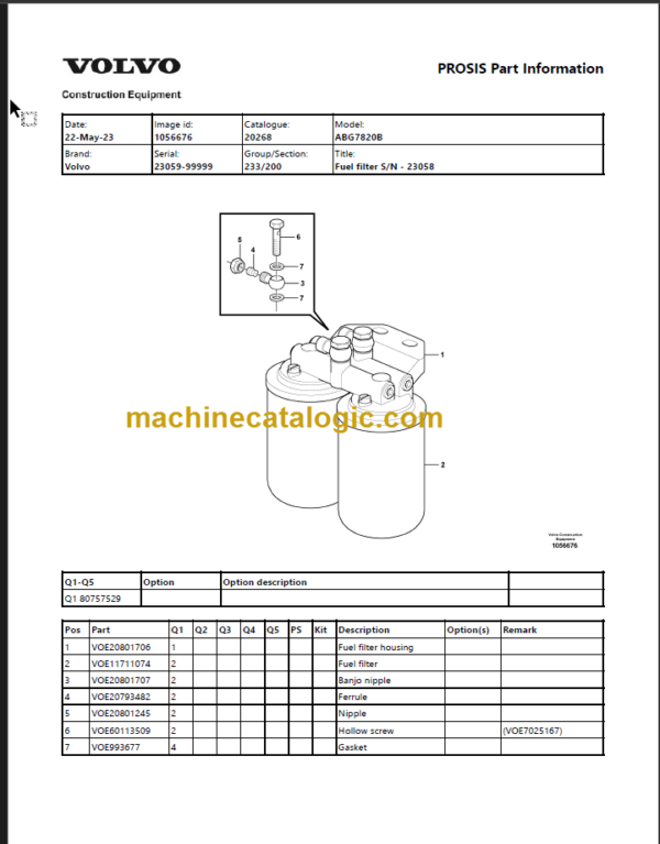 Volvo ABG7820B Tracked Paver Parts Catalog Manual