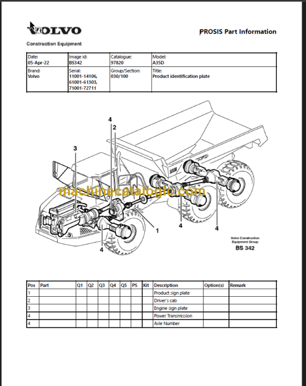 VOLVO A35D ARTICULATED HAULER PARTS MANUAL