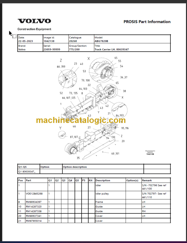 Volvo ABG7820B Tracked Paver Parts Catalog Manual