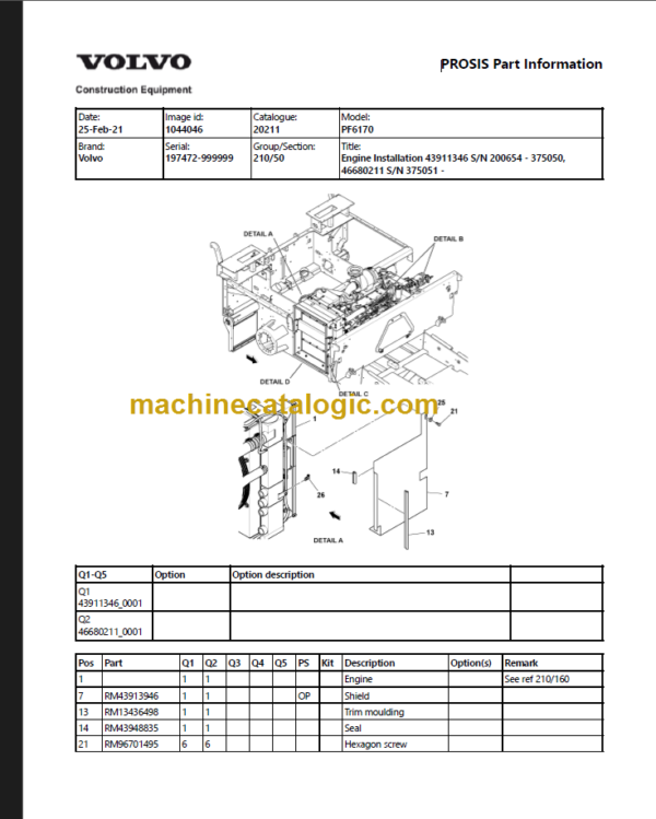 VOLVO PF6170 WHEELED PAVER PARTS MANUAL