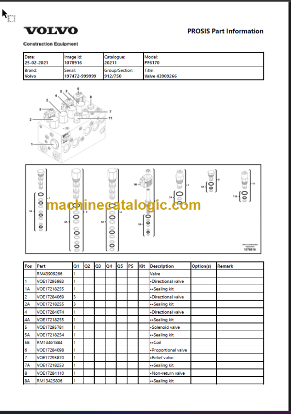 VOLVO PF6170 WHEELED PAVER PARTS MANUAL